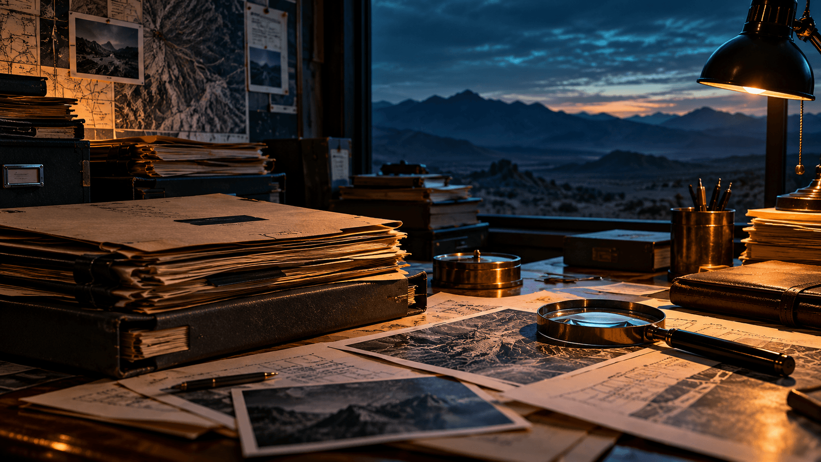 Illustrated archival research desk overlooking distant mountains